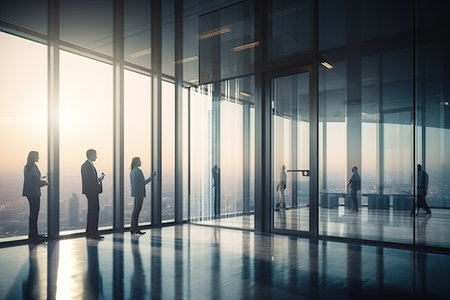 Business people in modern office interior with city view and sunlight. Mixed mediaの素材