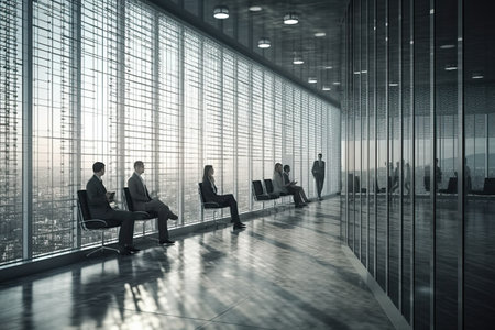 Businesspeople in modern office interior with panoramic city view. Mixed mediaの素材