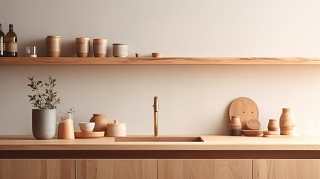 Interior of modern kitchen with wooden and concrete walls. 3d renderingの素材