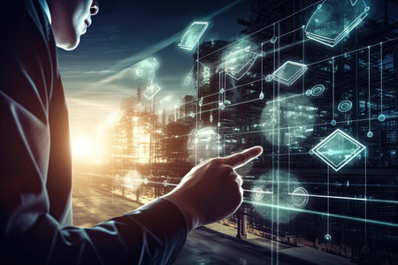 Businessman hand touching icon of media screen on night cityscape backgroundの素材