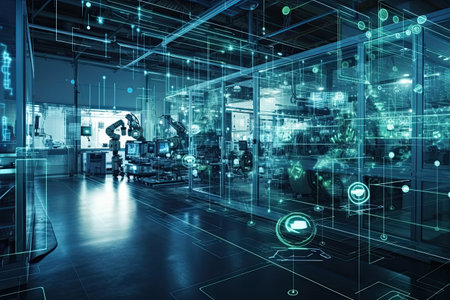 Modern factory interior with technological interface and binary code. 3D renderingの素材