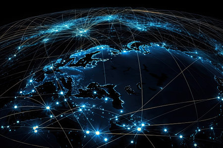North America on blue digital planet Earth. Concept of international communication, technology and travel. 3D illustration.の素材