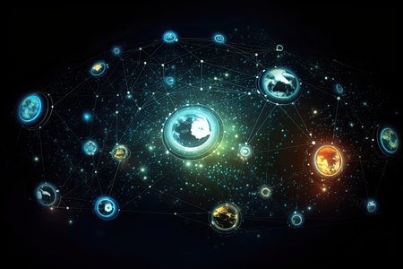 Global network connection over dark background. Globalization concept. 3D Renderingの素材