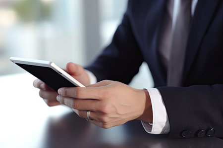 Businessman using tablet computer in office. Closeup of male hands.の素材