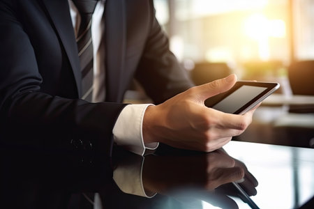 Close up of businessman using tablet computer in office. Business and technology concept.の素材