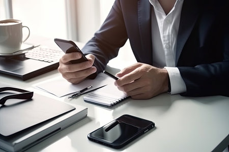 Businessman using smart phone and writing on notebook at office desk.の素材