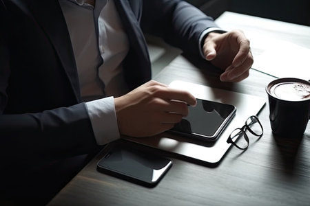 Businessman using smart phone and tablet computer at office. Business conceptの素材