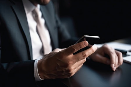 Businessman using mobile phone with blank screen sitting at office desk.の素材