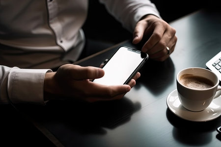 Businessman using smartphone with blank screen, closeup. Mock upの素材