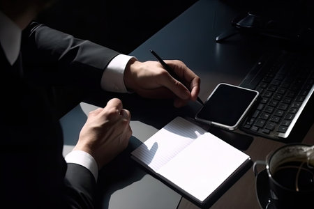 Businessman working in office. Close-up of male hands with pen and smartphone.の素材