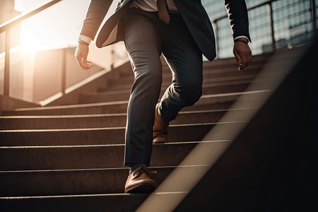 Low section of young businessman walking up the stairs in office building.の素材