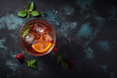 Cocktail with orange, cranberry and ice on dark backgroundの素材