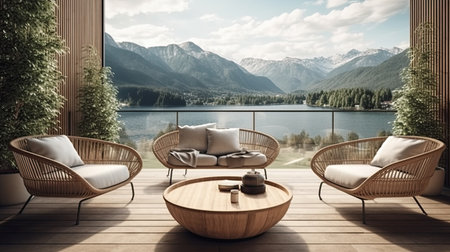 Luxury wooden terrace overlooking the lake. 3d renderingの素材