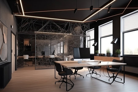 Contemporary coworking office interior with black walls, wooden floor and rows of computer tables. 3d renderingの素材
