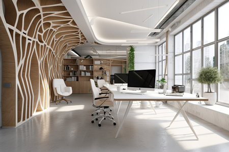 Interior of modern open space office with white walls, tiled floor, wooden ceiling and rows of computer tables. 3d renderingの素材