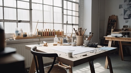 Creative art studio. Workplace of artist with brushes, palette and paints.の素材