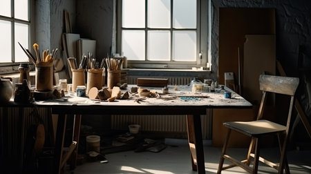 Close-up view of an artist's desk with a lot of tools.の素材