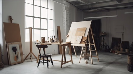 Interior of modern studio with wooden easel, canvas and other itemsの素材