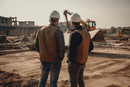 Back view of two engineers standing on construction site and looking at each otherの素材
