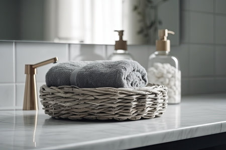 Wicker basket with clean towelsle countertop in modern bathroomの素材