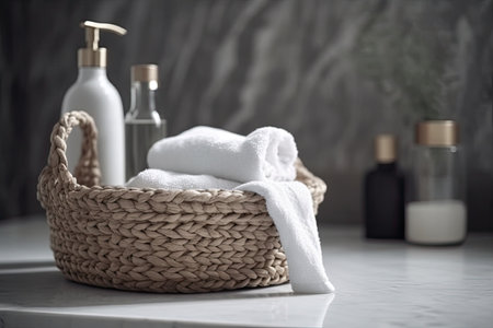 Wicker basket with towels and bottles of shampoo on table in bathroomの素材