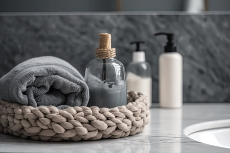 Bath accessories and towelsle countertop in bathroom, closeupの素材
