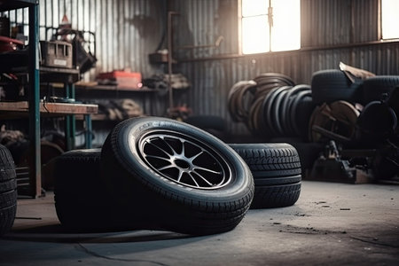 Car tires in a workshop. Auto service industry. Car wheel.の素材