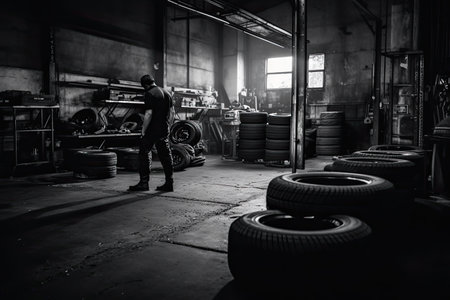 Car mechanic working in auto repair shop. Black and white photo.の素材