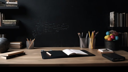 Wooden desk with blank blackboard, stationery and books.の素材