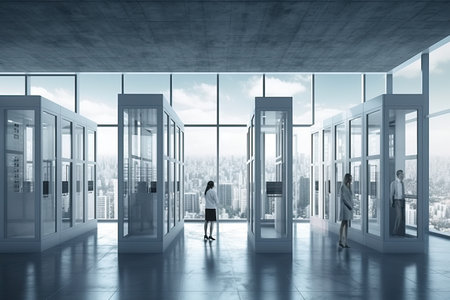 Business people in modern office interior with open doors and city view. Mixed mediaの素材