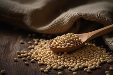 Soybeans in a wooden spoon on a wooden table with burlapの素材