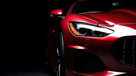Close-up of the headlight of a modern red sports carの素材