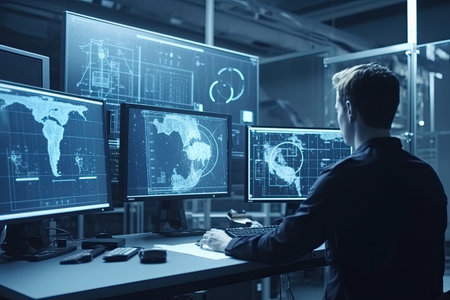 businessman working with modern computer in office and world map hologramの素材