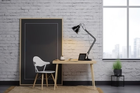 Interior of modern workplace with blank blackboard on brick wall. Mock up, 3D Renderingの素材