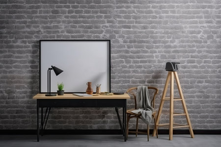 Modern room interior with mock up poster frame, wooden table and chairの素材
