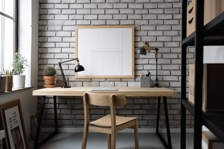Wooden desk and chair on brick wall background in home office. Workplace conceptの素材