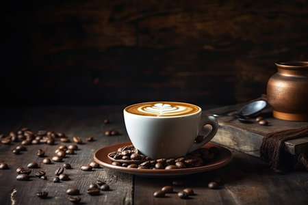 Coffee cup with latte art and coffee beans on wooden backgroundの素材