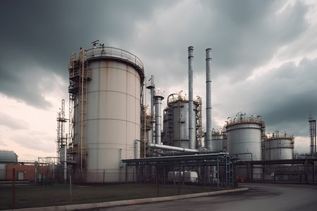 Oil refinery in the evening with a cloudy sky. Toned.の素材