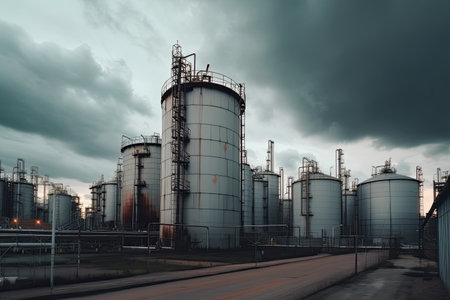 Petrochemical plant with dramatic cloudy sky. Toned image.の素材