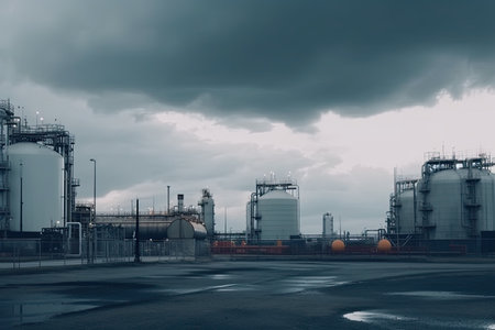 Petrochemical industrial plant with cloudy sky background. Toned.の素材