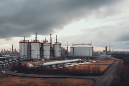 Industrial landscape with oil storage tanks and cloudy sky. 3d renderingの素材