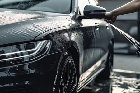Car wash concept. Close-up of female hand washing black sport car with high pressure water.の素材