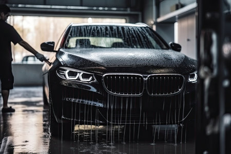 Car washing series : Washing the black car in a car washの素材