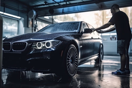 Car wash concept. Man washing black car in car wash station.の素材