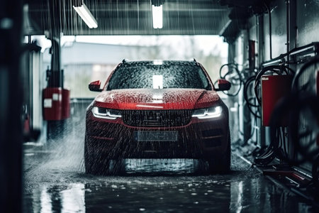 Car wash with high pressure water. Washing car with high pressure water.の素材