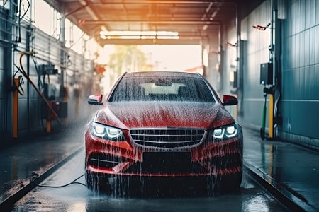 Car wash. Washing red car at car wash station. Car wash concept.の素材
