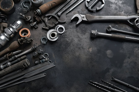 Variety of tools on black metal background. Top view with copy spaceの素材