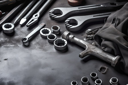 Spare parts and tools on a black background. Top view.の素材