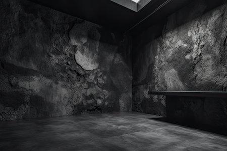Interior of a dark room with stone walls and concrete floor. 3d renderingの素材