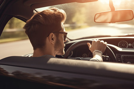 Side view of handsome young man in eyeglasses driving car on roadの素材